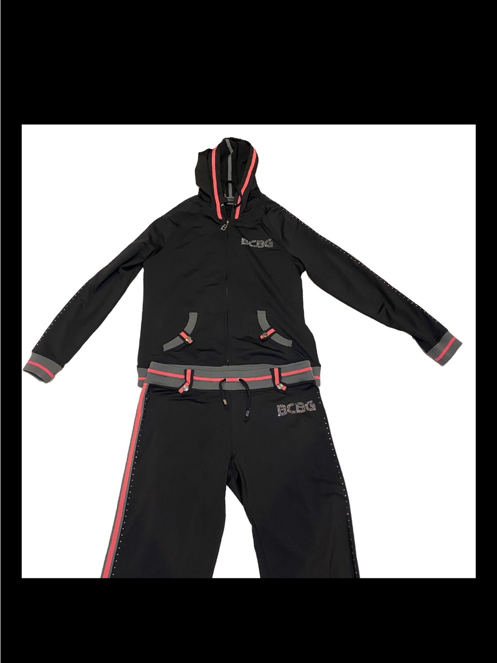 VTG Y2K BCBG Velour Tracksuit Set Rhinestones Black Pink Size Large RARE